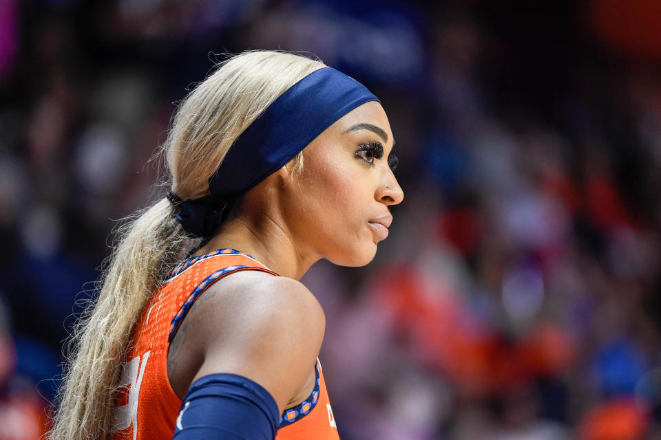 UNCASVILLE, CT - SEPTEMBER 17: Connecticut Sun guard/forward DiJonai Carrington (21) looks on during a WNBA game between the Minnesota Lynx and the Connecticut Sun on September 17,2024, at Mohegan Sun Arena in Uncasville, CT. (Photo by Erica Denhoff/Icon Sportswire via Getty Images)