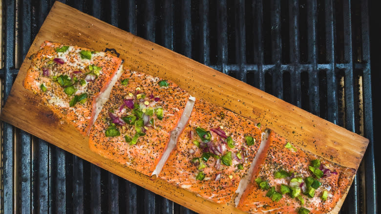 Salmon on cedar plank on grill