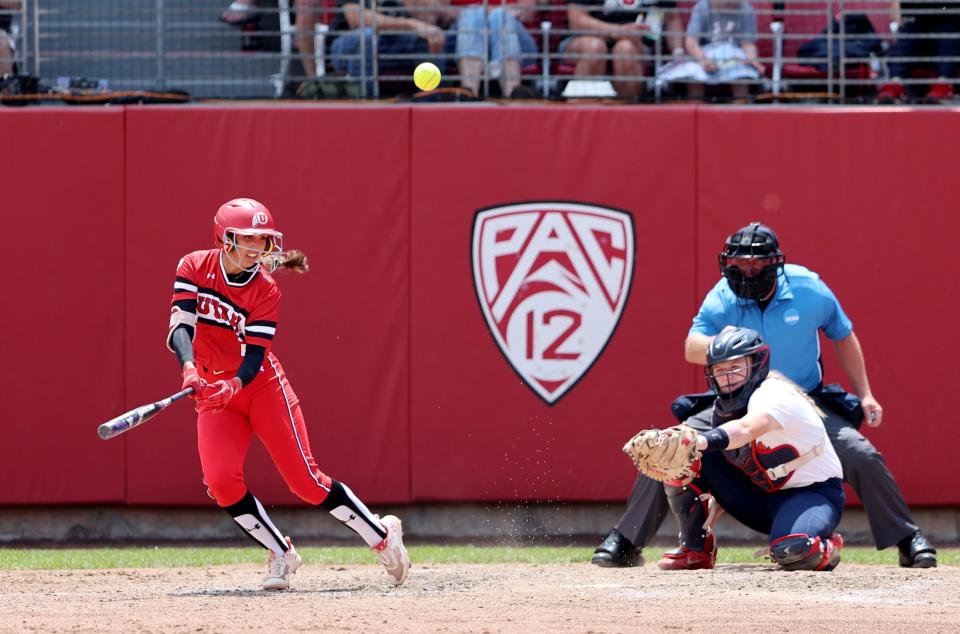 Utah’s Aliya Belarde, swings on a pitch as the University of Utah softball team plays Ole Miss in NCAA softball regional championship at Utah in Salt Lake City on Sunday, May 21, 2023. Utah won 4-1. | Scott G Winterton, Deseret News