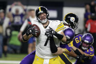 Pittsburgh Steelers quarterback Ben Roethlisberger (7) is sacked by Minnesota Vikings safety Harrison Smith during the first half of an NFL football game, Thursday, Dec. 9, 2021, in Minneapolis. (AP Photo/Andy Clayton-King)