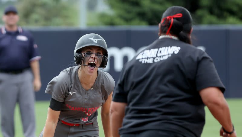 Spanish Fork’s Paige Pierce celebrates her home run hit as she runs the bases during the 5A softball championship game against Bountiful at the Miller Park Complex in Provo on Friday, May 26, 2023. Spanish Fork won 8-4.