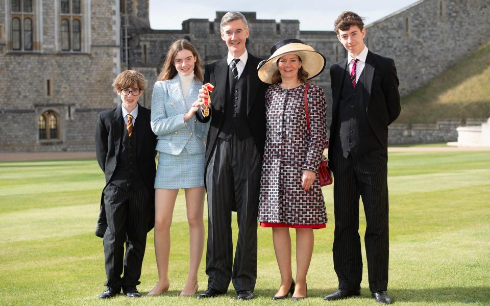 Peter (far right) is the eldest of Jacob Rees-Mogg and wife Helena's children