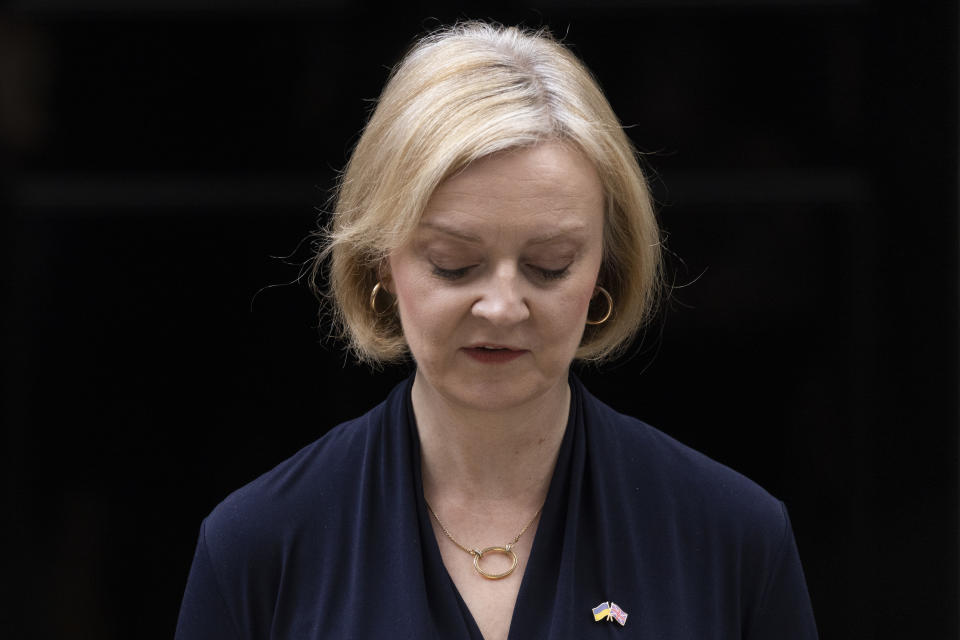 LONDON, ENGLAND - OCTOBER 20: Liz Truss speaks in Downing Street, as she resigns as Prime Minister Of The United Kingdom on October 20, 2022 in London, England. Liz Truss has been the UK Prime Minister for just 44 days and has had a tumultuous time in office. Her mini-budget saw the GBP fall to its lowest-ever level against the dollar, increasing mortgage interest rates and deepening the cost-of-living crisis. She responded by sacking her Chancellor Kwasi Kwarteng, whose replacement announced a near total reversal of the previous policies. Yesterday saw the departure of Home Secretary Suella Braverman and a chaotic vote in the House of Commons chamber. (Photo by Dan Kitwood/Getty Images)