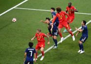 <p>Marouane Fellaini of Belgium scores his team’s second goal during the 2018 FIFA World Cup Russia Round of 16 match between Belgium and Japan at Rostov Arena on July 2, 2018 in Rostov-on-Don, Russia. (Photo by Laurence Griffiths/Getty Images) </p>