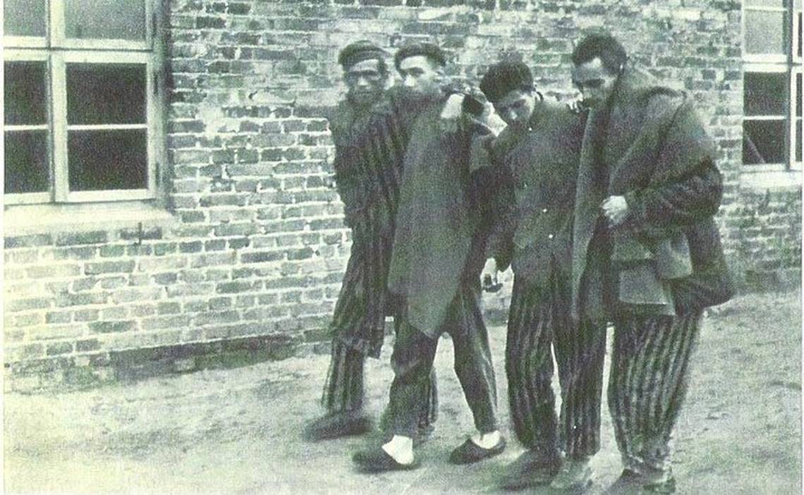 This picture of George Salton, third from the left, was taken by 82nd Airborne Division after the liberation of the Wöbbelin concentration camp. It is included in the book, “Those Devils In Baggy Pants” by Ross Carter.