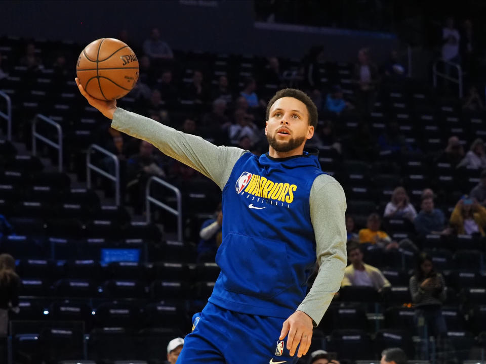 Feb 10, 2020; San Francisco, California, USA; Golden State Warriors guard Stephen Curry (30) warms up before the game against the Miami Heat at Chase Center. Mandatory Credit: Kelley L Cox-USA TODAY Sports