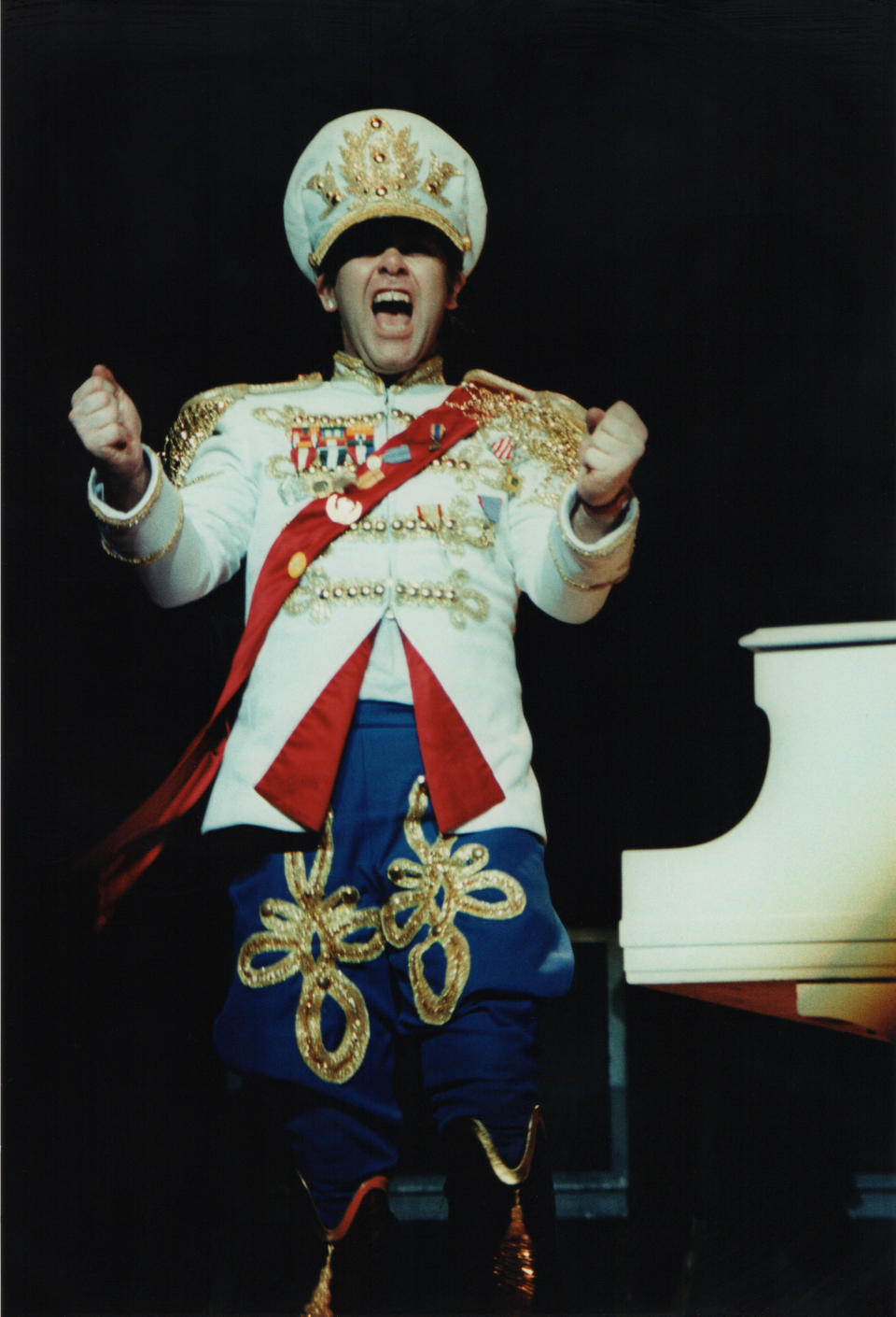 A militaristic Elton John at London's Hammersmith Odeon in December 1982.