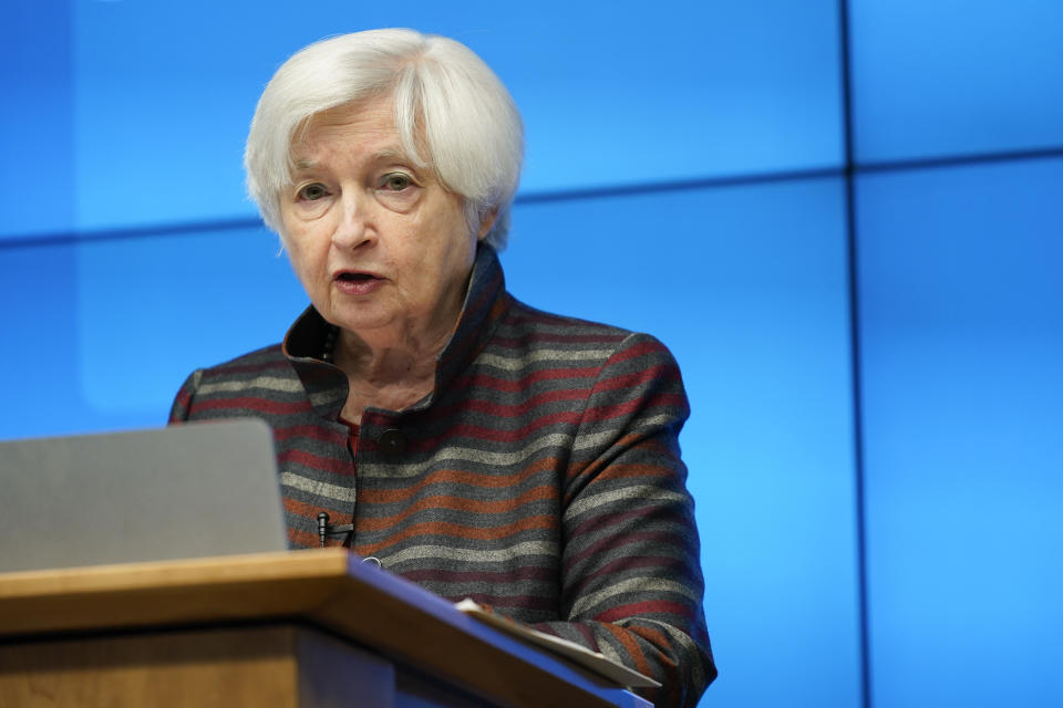 Treasury Secretary Janet Yellen speaks about challenges facing the global economy at the Center for Global Development, Thursday, Oct. 6, 2022, in Washington. (AP Photo/Patrick Semansky)