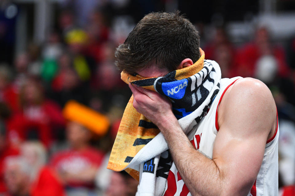 <p>Wisconsin forward Ethan Happ (22) looks on in the final seconds of the game between the Wisconsin Badgers and the Oregon Ducks in their NCAA Division I Men’s Basketball Championship first round game on March 22, 2019, at SAP Center at San Jose in San Jose, CA. </p>