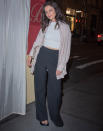 <p>Katie Holmes arrives at N.Y.C.'s Balthazar to attend a Mango event on May 12.</p>