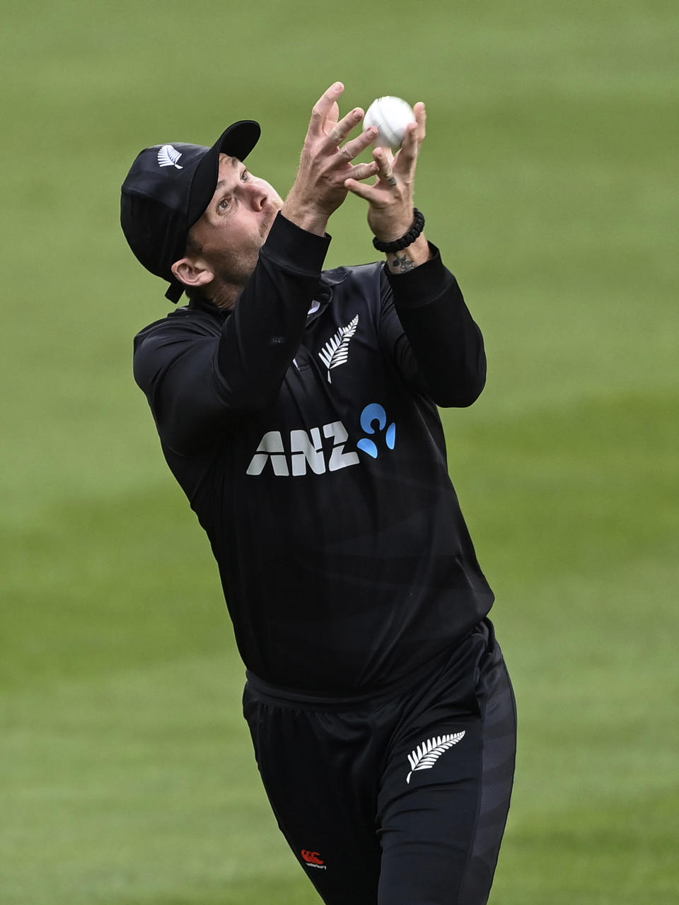 New Zealand's Lockie Ferguson takes a catch to dismiss India's Shikhar Dhawan during their one day international cricket match in Hamilton, New Zealand, Sunday, Nov. 27, 2022. (Andrew Cornaga/Photosport via AP)