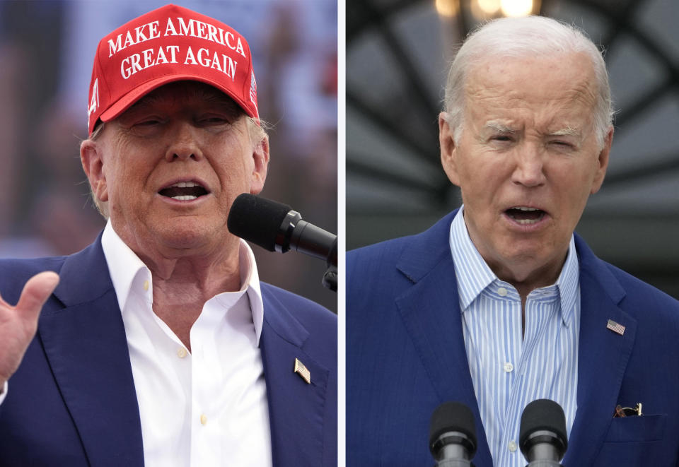 Republican presidential candidate, former President Donald Trump, left, speaks at a campaign rally in Las Vegas, June 9, 2024, and President Joe Biden speaks at White House in Washington, June 4, 2024. Biden won the Democratic caucuses in Guam and the Virgin Islands on Saturday, June 8, the final two contests of a 2024 primary calendar that has set the stage for a historic general election rematch against Trump. Biden and Trump have largely pivoted to the general election, despite the persistent protest votes they faced in later contests. (AP Photo)