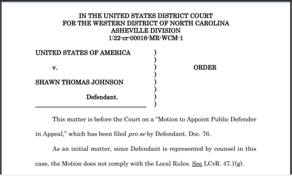 A federal judge has denied as premature a motion from convicted bank fraudster Shawn Johnson to appoint public defender to help with his appeal.