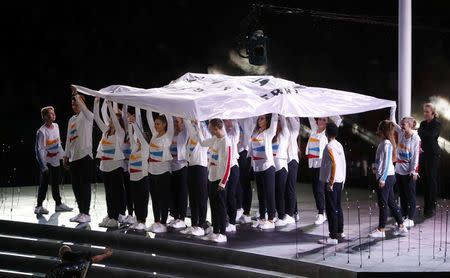 Gold Coast 2018 Commonwealth Games - Closing ceremony - Carrara Stadium - Gold Coast, Australia - April 15, 2018 - The Commonwealth Games flag is seen during a closing ceremony. REUTERS/David Gray