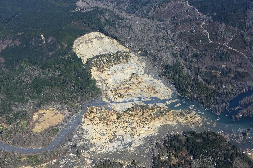 The massive mudslide that killed at least eight people and left dozens missing Saturday is shown from nearly directly above in this aerial photo, Monday, March 24, 2014, near Arlington, Wash. The search for survivors grew Monday, raising fears that the death toll could climb far beyond the eight confirmed fatalities. (AP Photo/Ted S. Warren)