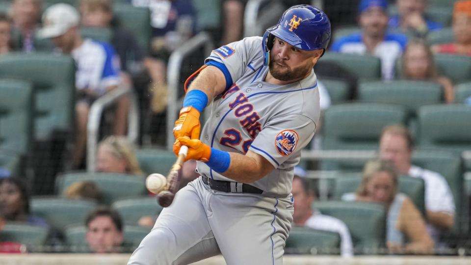 New York Mets right fielder DJ Stewart (29) hits a home run against the Atlanta Braves during the second inning at Truist Park