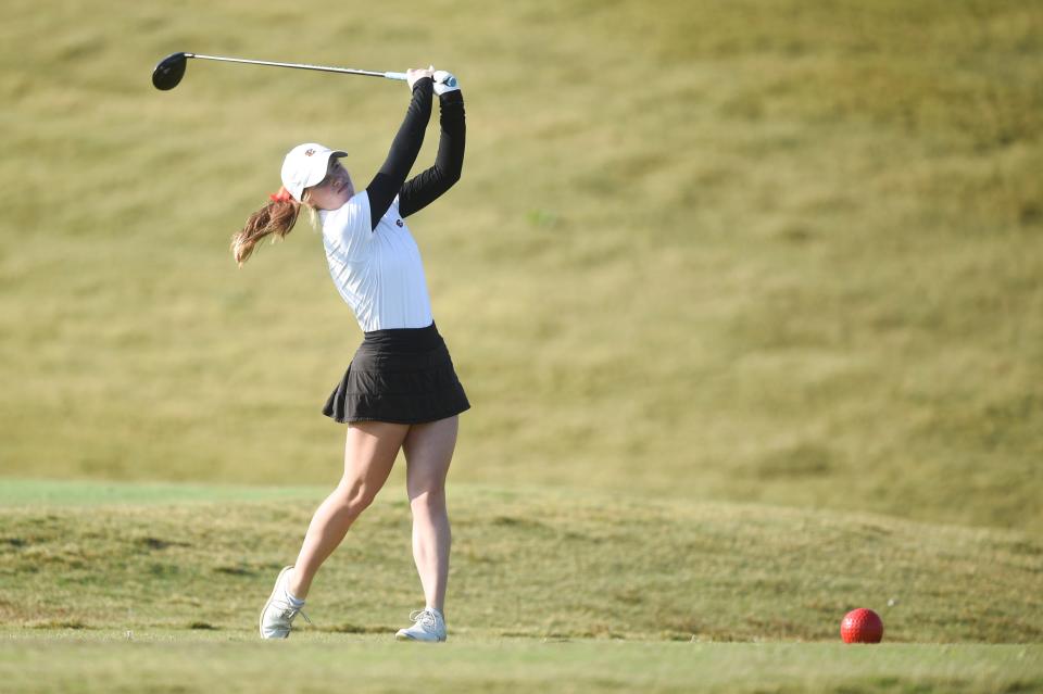 Ensworth’s Savannah Cherry is seen on hole one as she competes in the DII-AA TSSAA state golf tournament, at Sevierville Golf Club, Tuesday, Oct. 10, 2023.