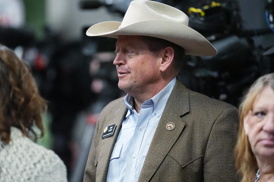 Colorado State Rep. Mike Lynch, R-Wellington, greets well-wishers before the first Republican primary debate for the 4th Congressional district seat being vacated by Ken Buck Thursday, Jan. 25, 2024, in Fort Lupton, Colo. (AP Photo/David Zalubowski)