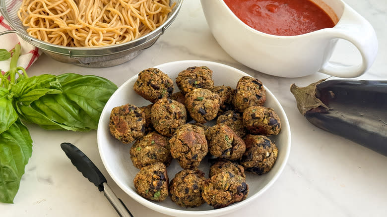 eggplant balls, pasta, sauce