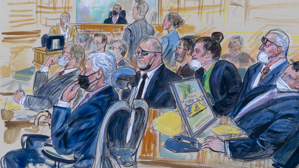 This artist sketch depicts the trial of Oath Keepers leader Stewart Rhodes and four others charged with seditious conspiracy