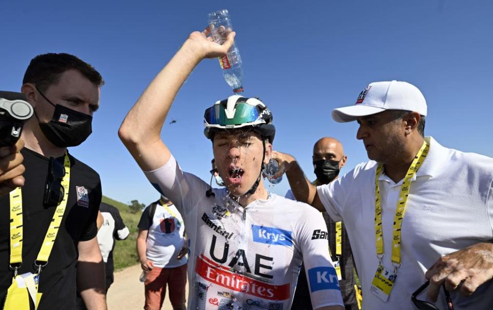 Slovenian Tadej Pogacar of UAE Team Emirates reacts after stage 9 of the Tour de France cycling race a 1824 km race from SaintLeonarddeNoblat to Puy de Dome France Sunday 09 July 2023 This years Tour de France takes place from 01 to 23 July 2023 BELGA PHOTO POOL VINCENT KALUT Photo by POOL VINCENT KALUT  BELGA MAG  Belga via AFP Photo by POOL VINCENT KALUTBELGA MAGAFP via Getty Images