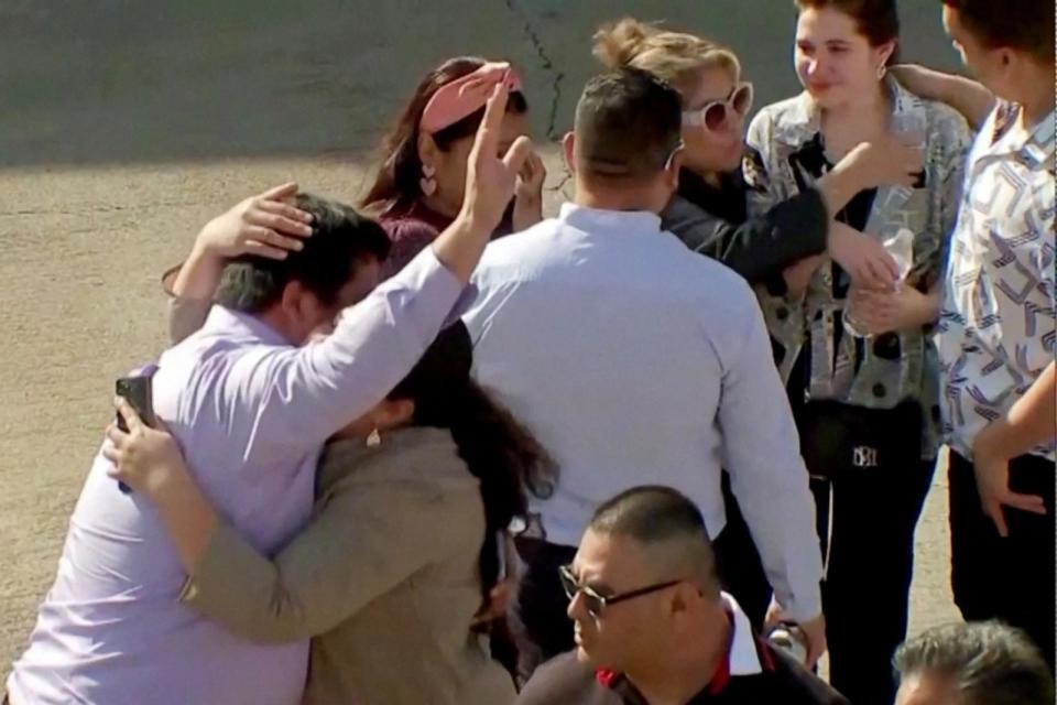 PHOTO: Evacuated parishioners react outside television evangelist Joel Osteen's Lakewood Church after a shooting incident in Houston, Feb. 11, 2024 in a still image from video. (ABC affiliate KTRK via  Reuters)