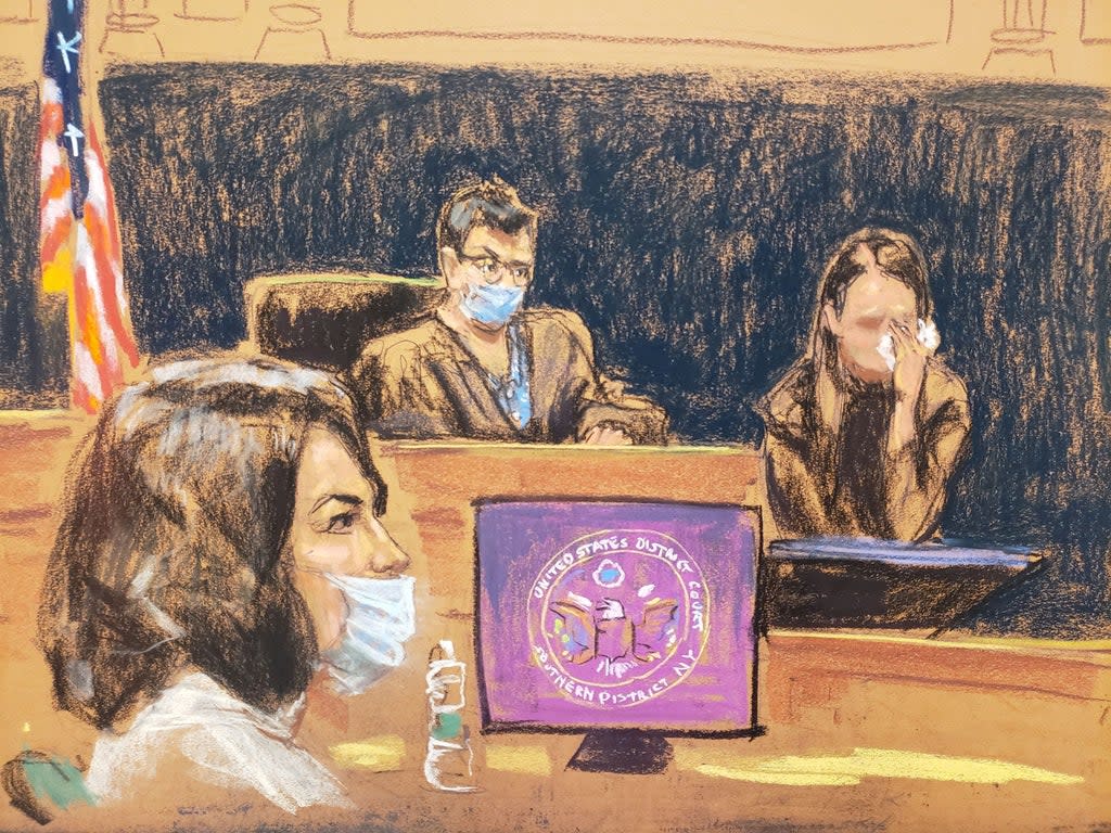 A court sketch of Ghislaine Maxwell sitting while the witness known as ‘Jane’ testifies against her (Jane Rosenberg/Reuters)