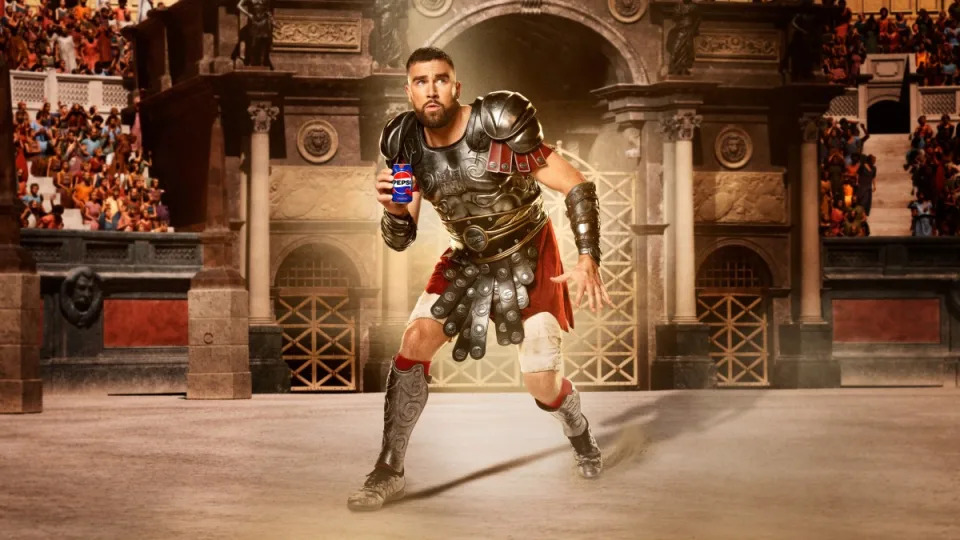 Kansas City Chiefs tight end Travis Kelce dressed as a gladiator and holding a can of Cherry Pepsi.<p>Pepsi</p>