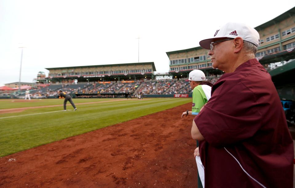 Missouri State head coach Keith Guttin watches as the Bears take on the Mizzou Tigers at Hammons Field on Tuesday, April 16, 2019.