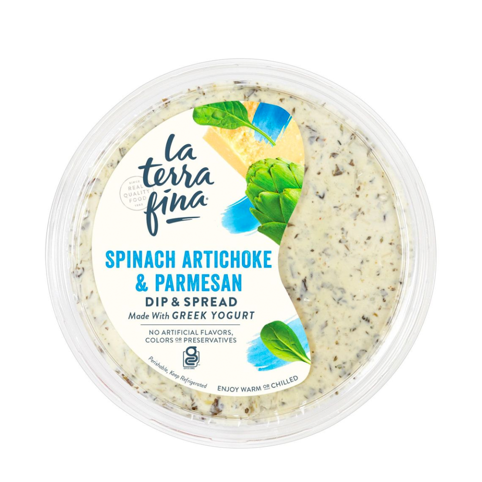 <p><a href="https://go.redirectingat.com?id=74968X1596630&url=https%3A%2F%2Fwww.kroger.com%2Fp%2Fla-terra-fina-spinach-artichoke-parmesan-dip-spread%2F0064041051356&sref=https%3A%2F%2F" rel="nofollow noopener" target="_blank" data-ylk="slk:Shop Now;elm:context_link;itc:0;sec:content-canvas" class="link ">Shop Now</a></p><p>Greek Yogurt Spinach Artichoke & Parmesan Dip</p><p>$5.49</p><p>kroger.com</p><span class="copyright">La Terra Fina</span>