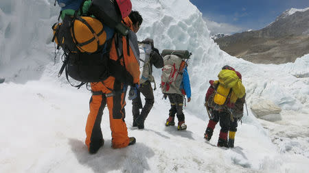 Climbers descend from camp one to base camp at Mount Everest, in this picture taken on May 21, 2016. Phurba Tenjing Sherpa/Handout via REUTERS
