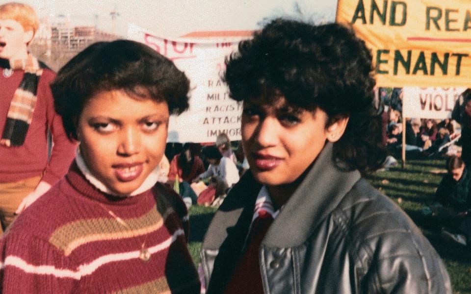 This November 1982 photo provided by the Kamala Harris campaign shows her, right, with Gwen Whitfield at an anti-apartheid protest during her freshman year at Howard University in Washington. - Kamala Harris campaign/AP