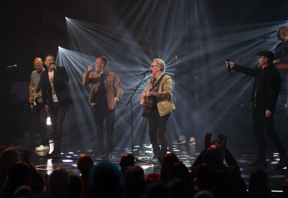 Steven Curtis Chapman performs with Mac Powell, Bart Millard and Matthew West at the K-Love Fan Awards at the Grand Ole Opry on May 28, 2023; Nashville, TN, USA;  Mandatory Credit: Sarah White-The Tennessean