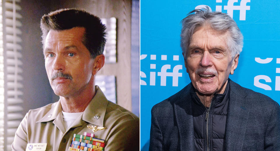 Tom Skerritt in Top Gun (L) and at the Seattle International Film Festival April, 2022. (Paramount/Getty)