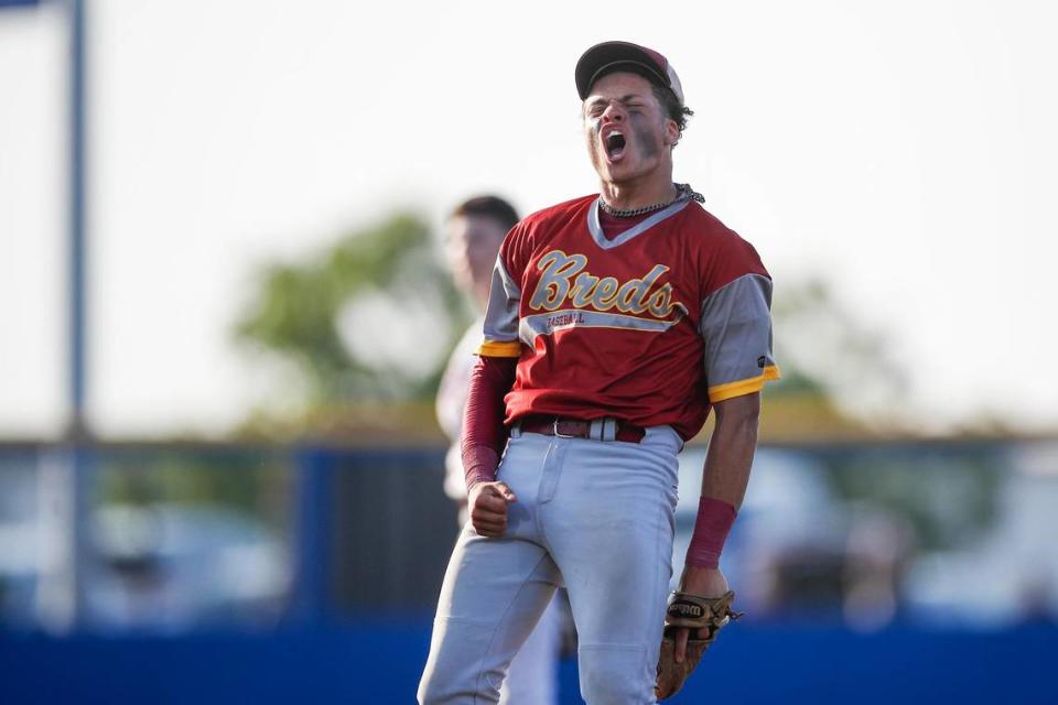 Shortstop Elijah Harris celebrates after Harrison County gets the final out during its 2-1 win over Pikeville on Friday night. Harris scored what proved to be the winning run in the fifth inning.