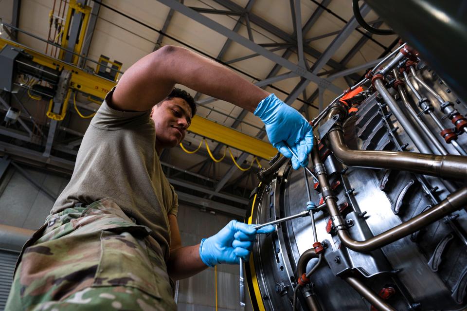 U.S. Air Force Airman 1st Class David Ulerio, 49th Component Maintenance Squadron aerospace propulsion journeyman, conducts routine maintenance on a Pratt and Whitney F100 engine at Holloman Air Force Base, New Mexico, May 3, 2023. The 49th CMS provides maintenance to all F-16 Vipers on base and ensures that each aircraft is operational for combat effectiveness.
