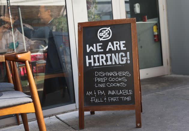 A hiring sign in front of the Buya restaurant in Miami, Florida, in March. (Photo: Joe Raedle via Getty Images)
