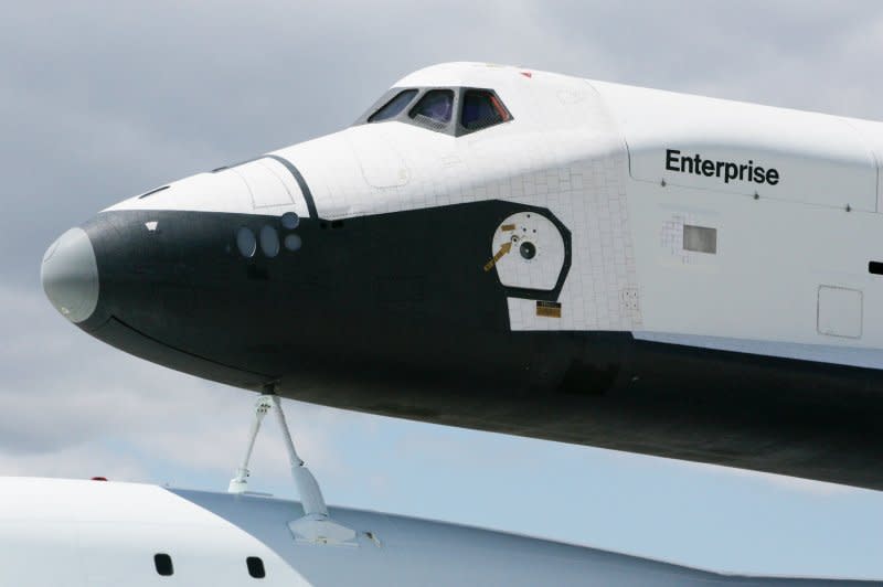 The Space Shuttle Enterprise sits on top of the NASA's Shuttle Carrier Aircraft after touching down at John F. Kennedy International Airport on April 27, 2012, in New York City. On September 17, 1976, NASA displayed its first space shuttle, the Enterprise, an airplane-like spacecraft costing almost $10 billion. File Photo by Monika Graff/UPI