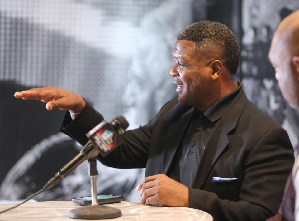 LeRoy Butler speaks to the media at the Pro Football Hall of Fame in Canton on Monday, March 14, 2022. Butler is a member of the Class of 2022.
