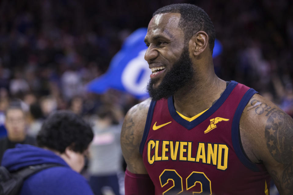 Cleveland Cavaliers’ LeBron James looks on after an NBA basketball game against the Philadelphia 76ers, Friday, April 6, 2018, in Philadelphia. The 76ers won 132-130. (AP)