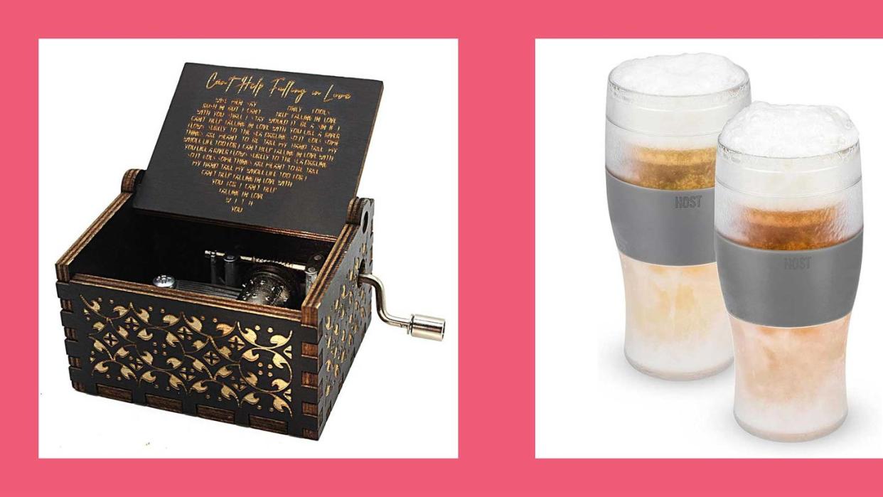 gift ideas under $30 can't help falling in love wood music box and freeze beer glasses