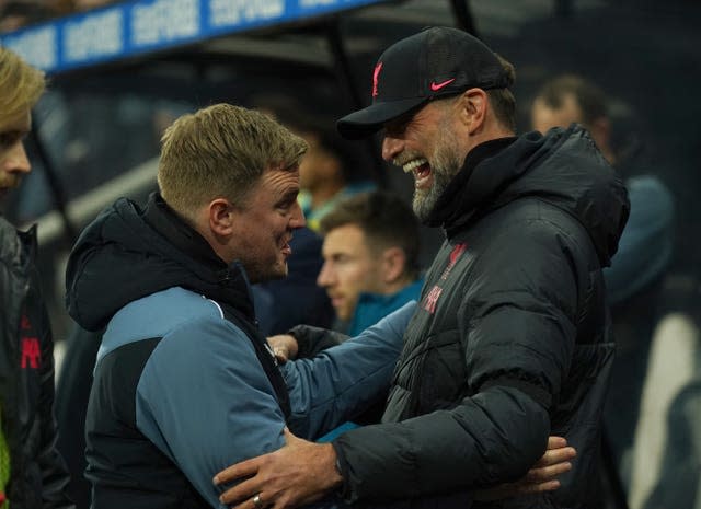 Jurgen Klopp, right, has a great amount of respect for Newcastle boss Eddie Howe (Owen Humphreys/PA)