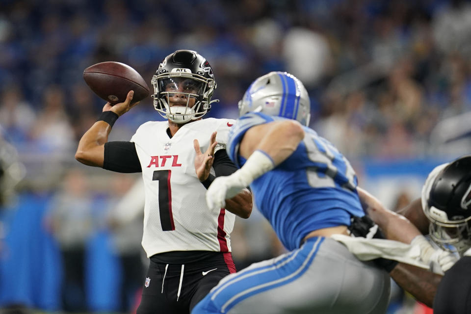 Atlanta Falcons quarterback Marcus Mariota (1) could see some playing time on Monday against the Jets. (AP Photo/Paul Sancya)
