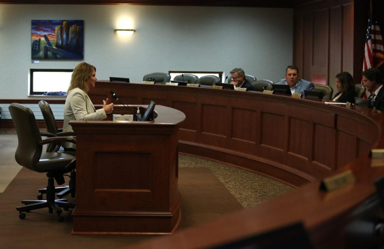 South Dakota Association of Healthcare Organizations Chief Operating Officer Tammy Hatting presents to legislators on Sept. 25, 2023, in Pierre.