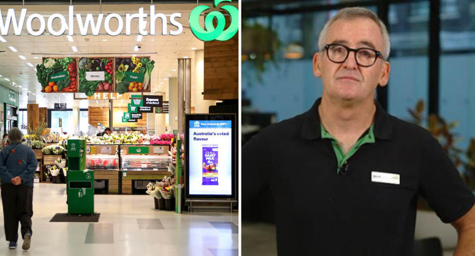 Left: A Woolworth store. Right: Woolworths boss Brad Banducci appearing on Today show