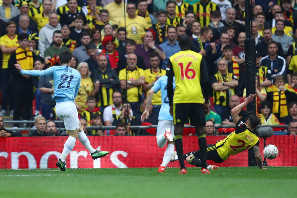 David Silva of Manchester City scores his team's first goal during the FA Cup Final match between Manchester City and Watford.