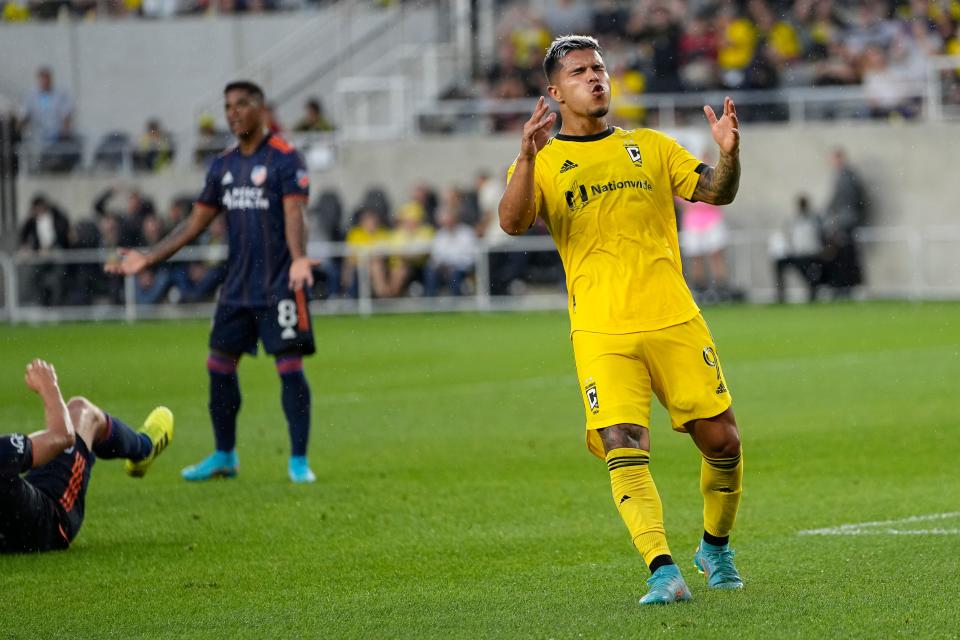 Jul 17, 2022; Columbus, Ohio, USA; Columbus Crew forward Cucho Hernandez (9) reacts to a shot during the first half of the MLS game against the FC Cincinnati at Lower.com Field in Columbus on July 17, 2022. Mandatory Credit: Adam Cairns-The Columbus Dispatch