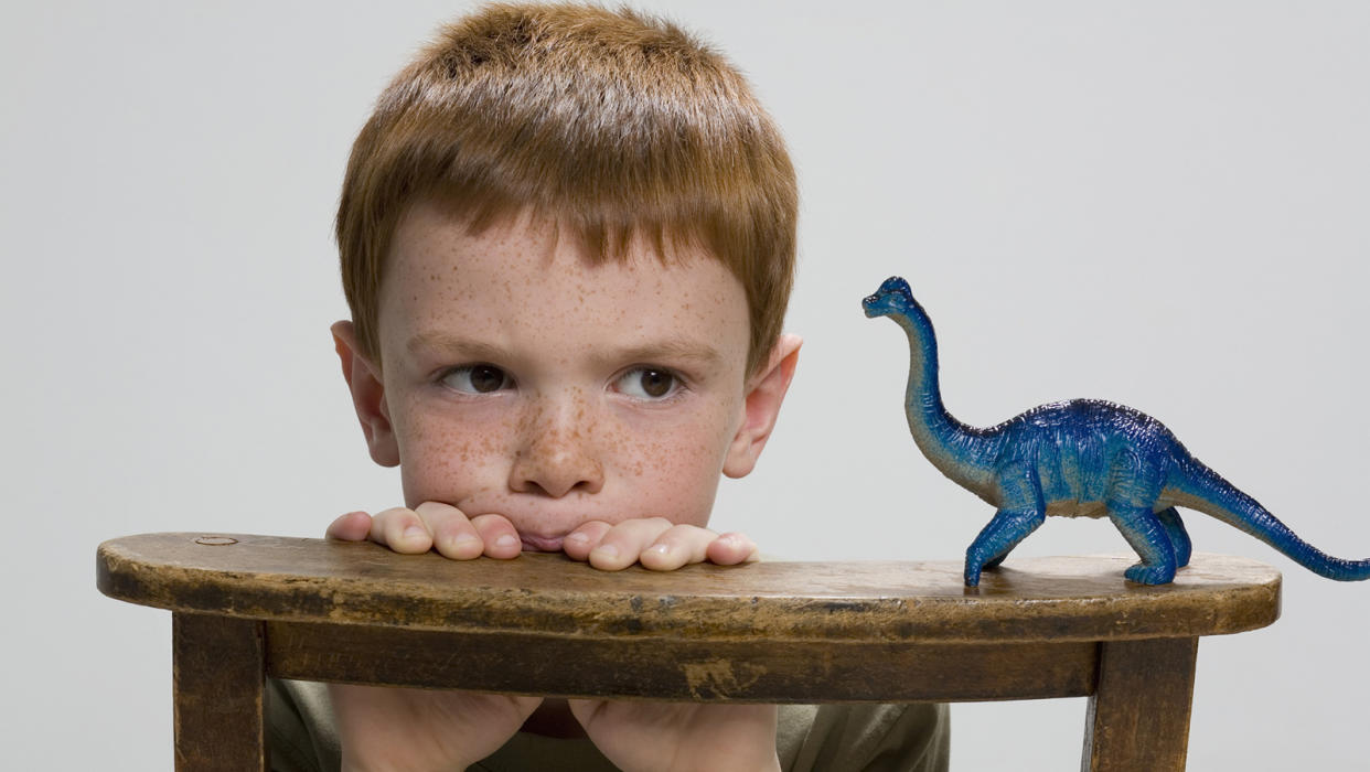 Child peers at a toy dinosaur