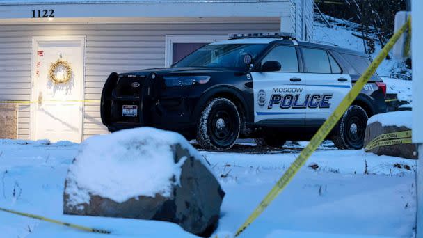 PHOTO: FILE - A Moscow police officer stands guard in his vehicle, Nov. 29, 2022, at the home where four University of Idaho students were found dead on Nov. 13, 2022 in Moscow, Idaho. (Ted S. Warren/AP, FILE)