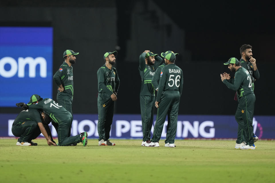 Pakistan players react after losing a review for the wicket of South Africa's Tabraiz Shamshi during the ICC Men's Cricket World Cup match between Pakistan and South Africa in Chennai, India, Friday, Oct. 27, 2023. (AP Photo/Mahesh Kumar A.)